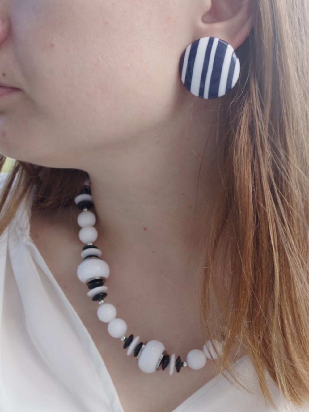 Beautiful French Collectable Black & White Laminted Earrings & Necklace